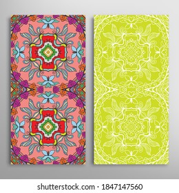 Vertical seamless patterns set, floral geometric lace texture for Wedding, Valentine's day, greeting card or Birthday Invitation. Decorative seamless doodle backgrounds. Ethnic ornament border pattern