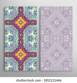 Vertical seamless patterns set, floral geometric lace texture for Wedding, Valentine's day, greeting card or Birthday Invitation. Decorative seamless doodle backgrounds. Ethnic ornament border pattern