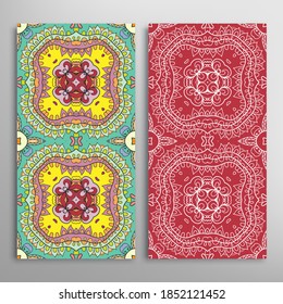Vertical seamless patterns set, floral geometric lace texture for Wedding, Valentine's day, greeting card or Birthday Invitation. Decorative seamless doodle backgrounds. Ethnic ornament border pattern