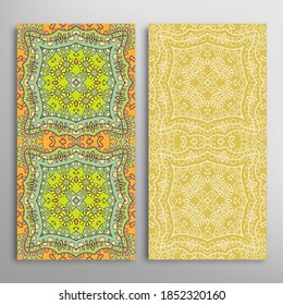 Vertical seamless patterns set, floral geometric lace texture for Wedding, Valentine's day, greeting card or Birthday Invitation. Decorative seamless doodle backgrounds. Ethnic ornament border pattern