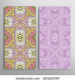 Vertical seamless patterns set, floral geometric lace texture for Wedding, Valentine's day, greeting card or Birthday Invitation. Decorative seamless doodle backgrounds. Ethnic ornament border pattern