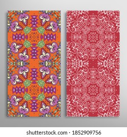 Vertical seamless patterns set, floral geometric lace texture for Wedding, Valentine's day, greeting card or Birthday Invitation. Decorative seamless doodle backgrounds. Ethnic ornament border pattern