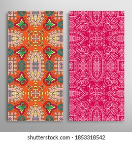 Vertical seamless patterns set, floral geometric lace texture for Wedding, Valentine's day, greeting card or Birthday Invitation. Decorative seamless doodle backgrounds. Ethnic ornament border pattern
