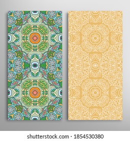 Vertical seamless patterns set, floral geometric lace texture for Wedding, Valentine's day, greeting card or Birthday Invitation. Decorative seamless doodle backgrounds. Ethnic ornament border pattern