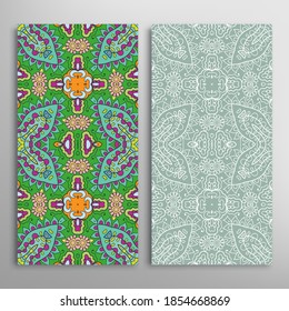 Vertical seamless patterns set, floral geometric lace texture for Wedding, Valentine's day, greeting card or Birthday Invitation. Decorative seamless doodle backgrounds. Ethnic ornament border pattern
