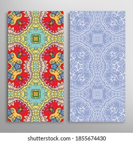 Vertical seamless patterns set, floral geometric lace texture for Wedding, Valentine's day, greeting card or Birthday Invitation. Decorative seamless doodle backgrounds. Ethnic ornament border pattern
