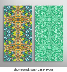 Vertical seamless patterns set, floral geometric lace texture for Wedding, Valentine's day, greeting card or Birthday Invitation. Decorative seamless doodle backgrounds. Ethnic ornament border pattern
