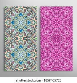 Vertical seamless patterns set, floral geometric lace texture for Wedding, Valentine's day, greeting card or Birthday Invitation. Decorative seamless doodle backgrounds. Ethnic ornament border pattern