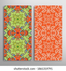 Vertical seamless patterns set, floral geometric lace texture for Wedding, Valentine's day, greeting card or Birthday Invitation. Decorative seamless doodle backgrounds. Ethnic ornament border pattern