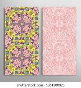 Vertical seamless patterns set, floral geometric lace texture for Wedding, Valentine's day, greeting card or Birthday Invitation. Decorative seamless doodle backgrounds. Ethnic ornament border pattern