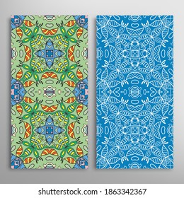 Vertical seamless patterns set, floral geometric lace texture for Wedding, Valentine's day, greeting card or Birthday Invitation. Decorative seamless doodle backgrounds. Ethnic ornament border pattern