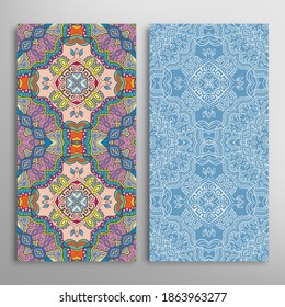 Vertical seamless patterns set, floral geometric lace texture for Wedding, Valentine's day, greeting card or Birthday Invitation. Decorative seamless doodle backgrounds. Ethnic ornament border pattern