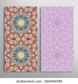 Vertical seamless patterns set, floral geometric lace texture for Wedding, Valentine's day, greeting card or Birthday Invitation. Decorative seamless doodle backgrounds. Ethnic ornament border pattern