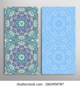 Vertical seamless patterns set, floral geometric lace texture for Wedding, Valentine's day, greeting card or Birthday Invitation. Decorative seamless doodle backgrounds. Ethnic ornament border pattern