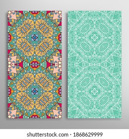 Vertical seamless patterns set, floral geometric lace texture for Wedding, Valentine's day, greeting card or Birthday Invitation. Decorative seamless doodle backgrounds. Ethnic ornament border pattern