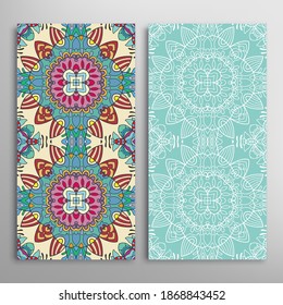 Vertical seamless patterns set, floral geometric lace texture for Wedding, Valentine's day, greeting card or Birthday Invitation. Decorative seamless doodle backgrounds. Ethnic ornament border pattern