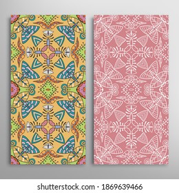 Vertical seamless patterns set, floral geometric lace texture for Wedding, Valentine's day, greeting card or Birthday Invitation. Decorative seamless doodle backgrounds. Ethnic ornament border pattern