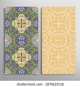 Vertical seamless patterns set, floral geometric lace texture for Wedding, Valentine's day, greeting card or Birthday Invitation. Decorative seamless doodle backgrounds. Ethnic ornament border pattern