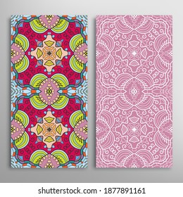 Vertical seamless patterns set, floral geometric lace texture for Wedding, Valentine's day, greeting card or Birthday Invitation. Decorative seamless doodle backgrounds. Ethnic ornament border pattern