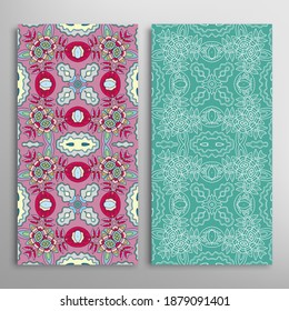 Vertical seamless patterns set, floral geometric lace texture for Wedding, Valentine's day, greeting card or Birthday Invitation. Decorative seamless doodle backgrounds. Ethnic ornament border pattern