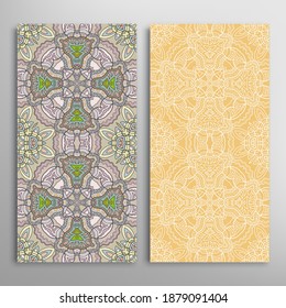 Vertical seamless patterns set, floral geometric lace texture for Wedding, Valentine's day, greeting card or Birthday Invitation. Decorative seamless doodle backgrounds. Ethnic ornament border pattern