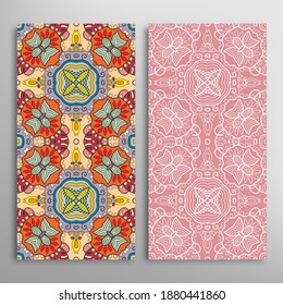 Vertical seamless patterns set, floral geometric lace texture for Wedding, Valentine's day, greeting card or Birthday Invitation. Decorative seamless doodle backgrounds. Ethnic ornament border pattern