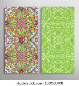Vertical seamless patterns set, floral geometric lace texture for Wedding, Valentine's day, greeting card or Birthday Invitation. Decorative seamless doodle backgrounds. Ethnic ornament border pattern