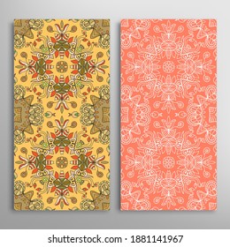 Vertical seamless patterns set, floral geometric lace texture for Wedding, Valentine's day, greeting card or Birthday Invitation. Decorative seamless doodle backgrounds. Ethnic ornament border pattern