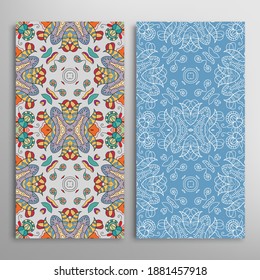Vertical seamless patterns set, floral geometric lace texture for Wedding, Valentine's day, greeting card or Birthday Invitation. Decorative seamless doodle backgrounds. Ethnic ornament border pattern