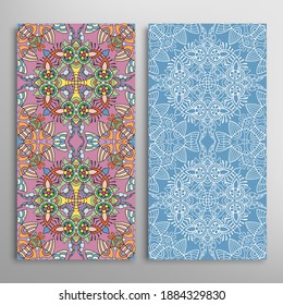 Vertical seamless patterns set, floral geometric lace texture for Wedding, Valentine's day, greeting card or Birthday Invitation. Decorative seamless doodle backgrounds. Ethnic ornament border pattern