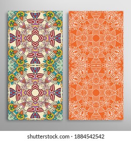 Vertical seamless patterns set, floral geometric lace texture for Wedding, Valentine's day, greeting card or Birthday Invitation. Decorative seamless doodle backgrounds. Ethnic ornament border pattern