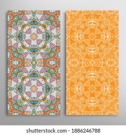 Vertical seamless patterns set, floral geometric lace texture for Wedding, Valentine's day, greeting card or Birthday Invitation. Decorative seamless doodle backgrounds. Ethnic ornament border pattern