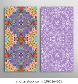 Vertical seamless patterns set, floral geometric lace texture for Wedding, Valentine's day, greeting card or Birthday Invitation. Decorative seamless doodle backgrounds. Ethnic ornament border pattern