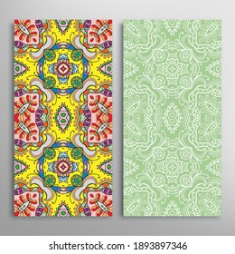 Vertical seamless patterns set, floral geometric lace texture for Wedding, Valentine's day, greeting card or Birthday Invitation. Decorative seamless doodle backgrounds. Ethnic ornament border pattern