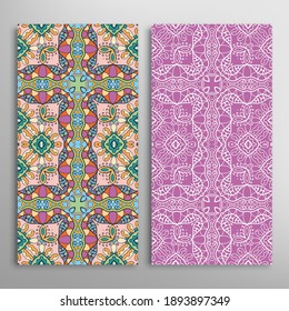 Vertical seamless patterns set, floral geometric lace texture for Wedding, Valentine's day, greeting card or Birthday Invitation. Decorative seamless doodle backgrounds. Ethnic ornament border pattern