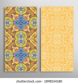 Vertical seamless patterns set, floral geometric lace texture for Wedding, Valentine's day, greeting card or Birthday Invitation. Decorative seamless doodle backgrounds. Ethnic ornament border pattern