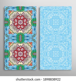 Vertical seamless patterns set, floral geometric lace texture for Wedding, Valentine's day, greeting card or Birthday Invitation. Decorative seamless doodle backgrounds. Ethnic ornament border pattern