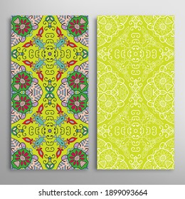 Vertical seamless patterns set, floral geometric lace texture for Wedding, Valentine's day, greeting card or Birthday Invitation. Decorative seamless doodle backgrounds. Ethnic ornament border pattern