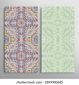 Vertical seamless patterns set, floral geometric lace texture for Wedding, Valentine's day, greeting card or Birthday Invitation. Decorative seamless doodle backgrounds. Ethnic ornament border pattern