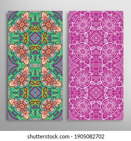 Vertical seamless patterns set, floral geometric lace texture for Wedding, Valentine's day, greeting card or Birthday Invitation. Decorative seamless doodle backgrounds. Ethnic ornament border pattern