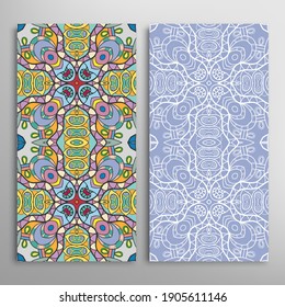 Vertical seamless patterns set, floral geometric lace texture for Wedding, Valentine's day, greeting card or Birthday Invitation. Decorative seamless doodle backgrounds. Ethnic ornament border pattern