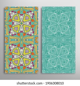 Vertical seamless patterns set, floral geometric lace texture for Wedding, Valentine's day, greeting card or Birthday Invitation. Decorative seamless doodle backgrounds. Ethnic ornament border pattern