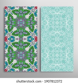 Vertical seamless patterns set, floral geometric lace texture for Wedding, Valentine's day, greeting card or Birthday Invitation. Decorative seamless doodle backgrounds. Ethnic ornament border pattern