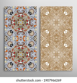 Vertical seamless patterns set, floral geometric lace texture for Wedding, Valentine's day, greeting card or Birthday Invitation. Decorative seamless doodle backgrounds. Ethnic ornament border pattern