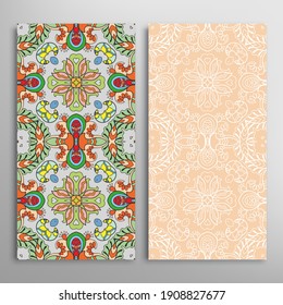 Vertical seamless patterns set, floral geometric lace texture for Wedding, Valentine's day, greeting card or Birthday Invitation. Decorative seamless doodle backgrounds. Ethnic ornament border pattern