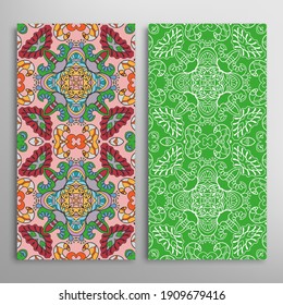 Vertical seamless patterns set, floral geometric lace texture for Wedding, Valentine's day, greeting card or Birthday Invitation. Decorative seamless doodle backgrounds. Ethnic ornament border pattern