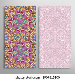 Vertical seamless patterns set, floral geometric lace texture for Wedding, Valentine's day, greeting card or Birthday Invitation. Decorative seamless doodle backgrounds. Ethnic ornament border pattern