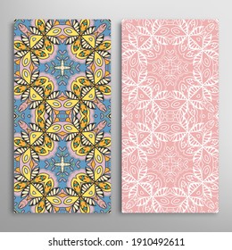 Vertical seamless patterns set, floral geometric lace texture for Wedding, Valentine's day, greeting card or Birthday Invitation. Decorative seamless doodle backgrounds. Ethnic ornament border pattern
