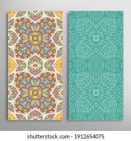 Vertical seamless patterns set, floral geometric lace texture for Wedding, Valentine's day, greeting card or Birthday Invitation. Decorative seamless doodle backgrounds. Ethnic ornament border pattern