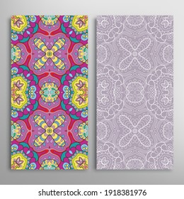 Vertical seamless patterns set, floral geometric lace texture for Wedding, Valentine's day, greeting card or Birthday Invitation. Decorative seamless doodle backgrounds. Ethnic ornament border pattern